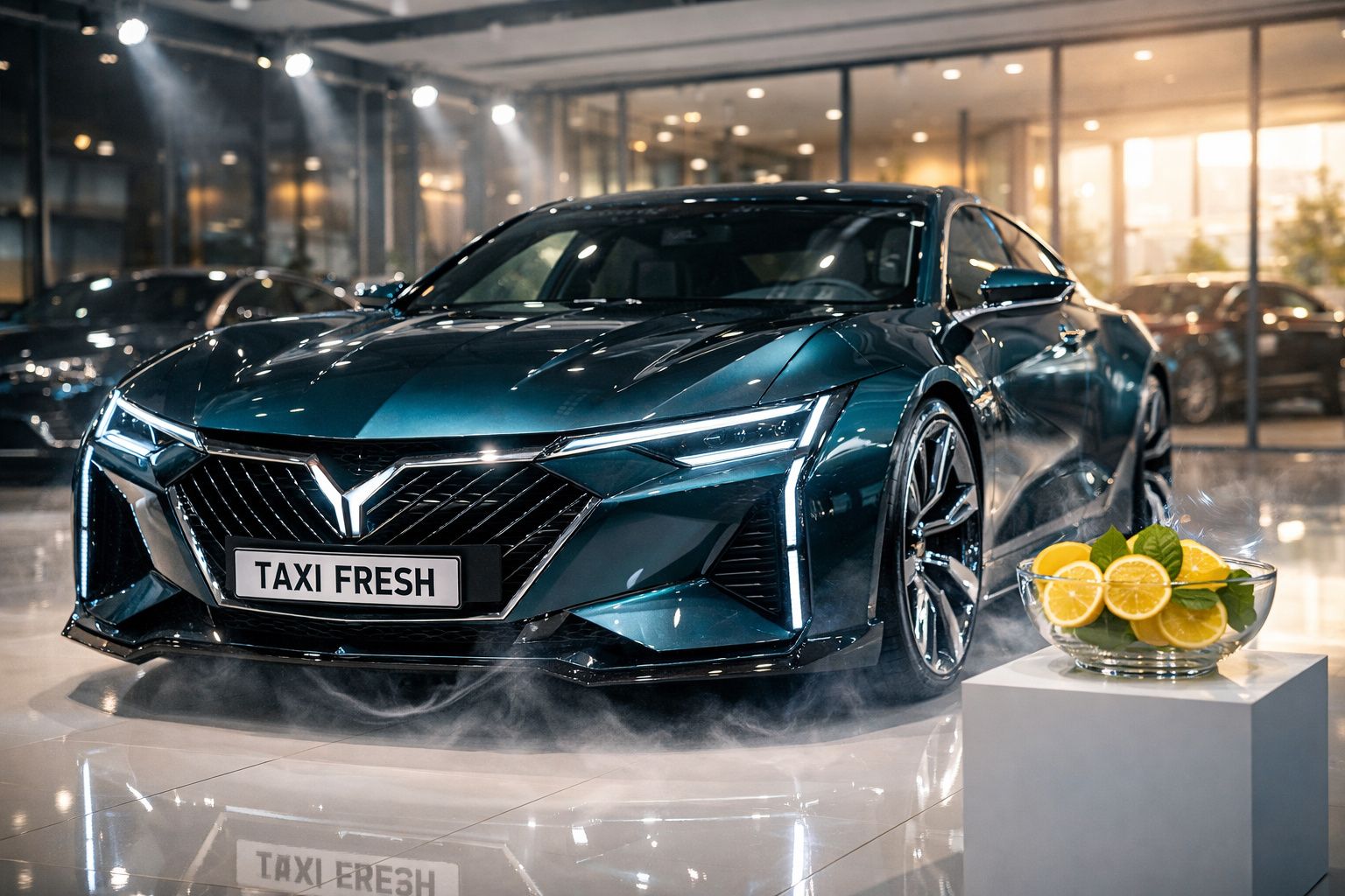 Carro desportivo elétrico verde escuro com placa "TAXI FRESH" exposto num salão moderno à noite.