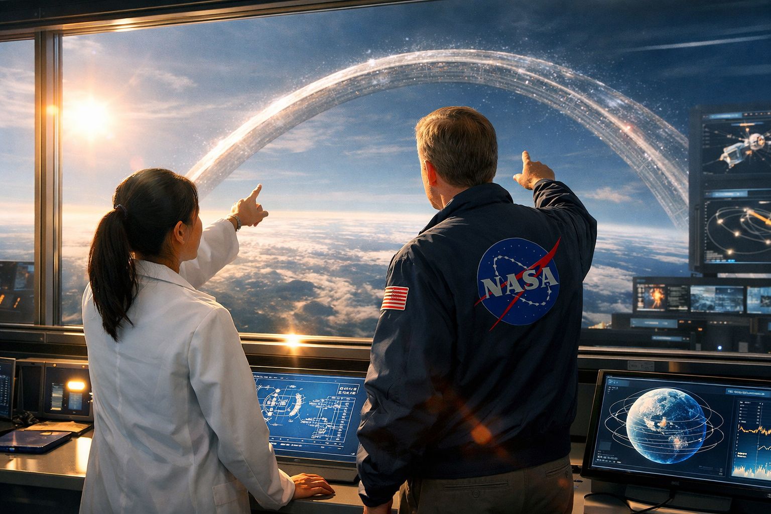 Dois cientistas da NASA observam uma estrutura espacial gigante em forma de anel a flutuar acima da Terra.