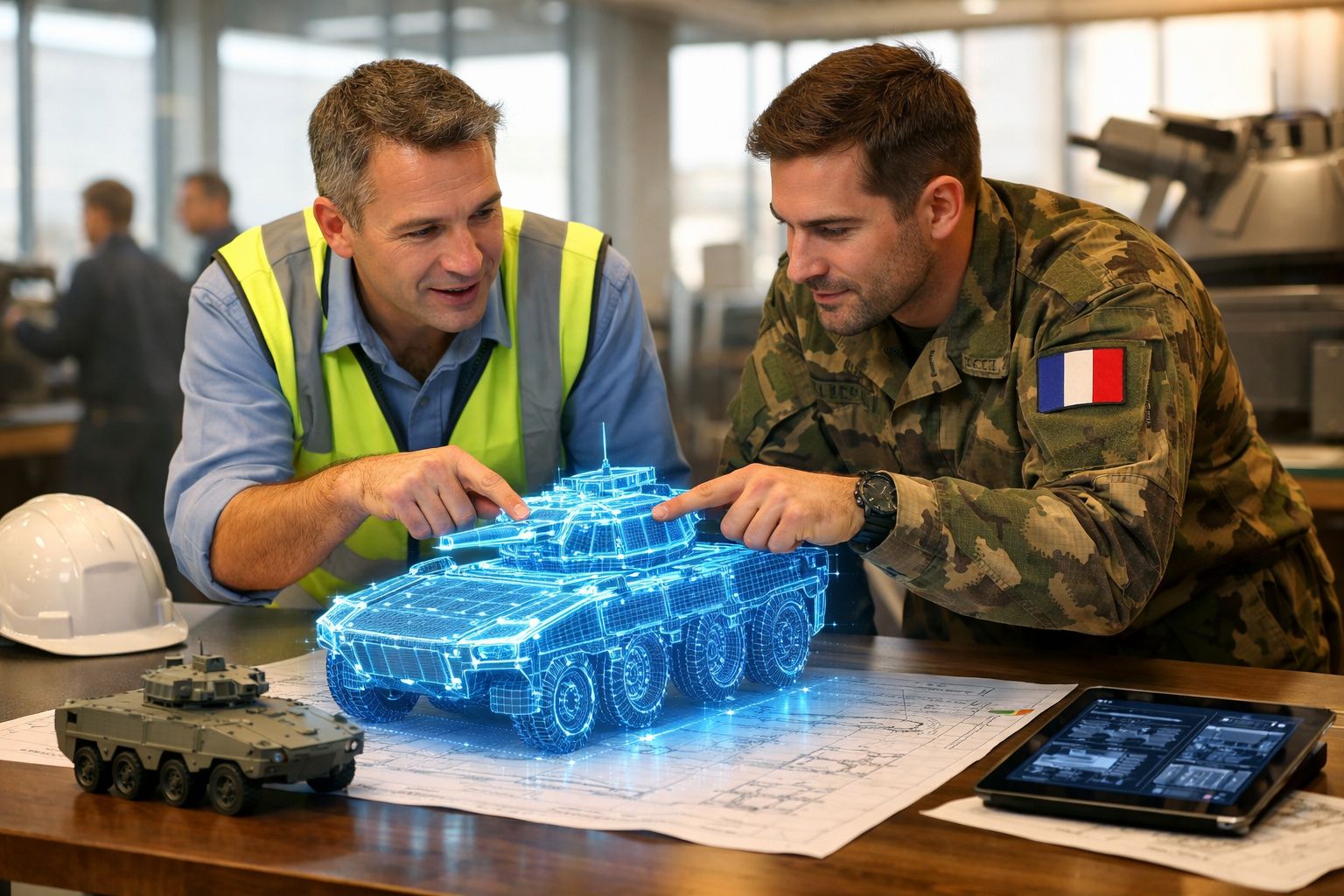 Dois homens, um engenheiro e um militar, analisam um modelo digital 3D de veículo militar sobre uma mesa de projetos.