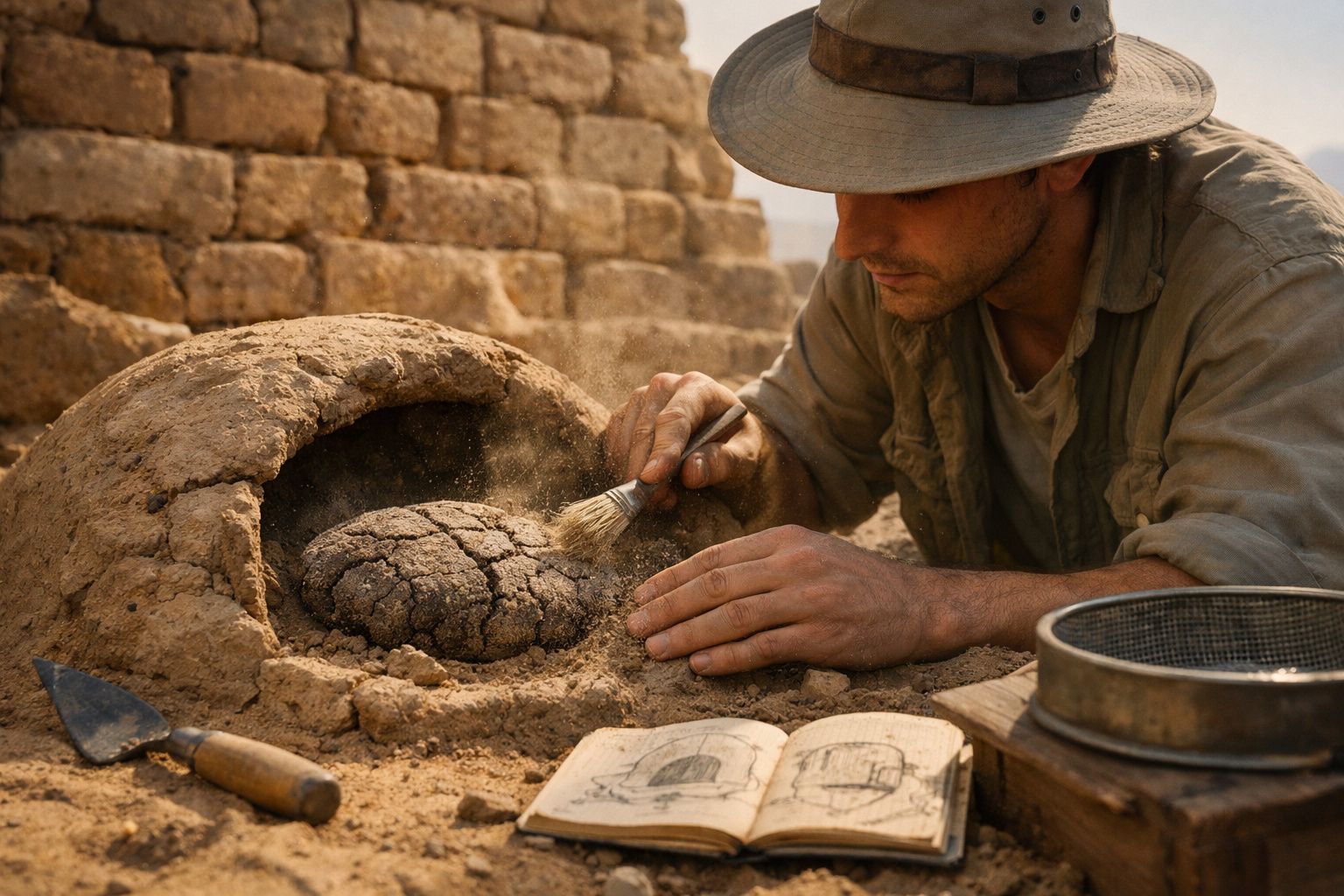 Homem a escavar cuidadosamente fósseis num sítio arqueológico com um livro aberto ao lado.