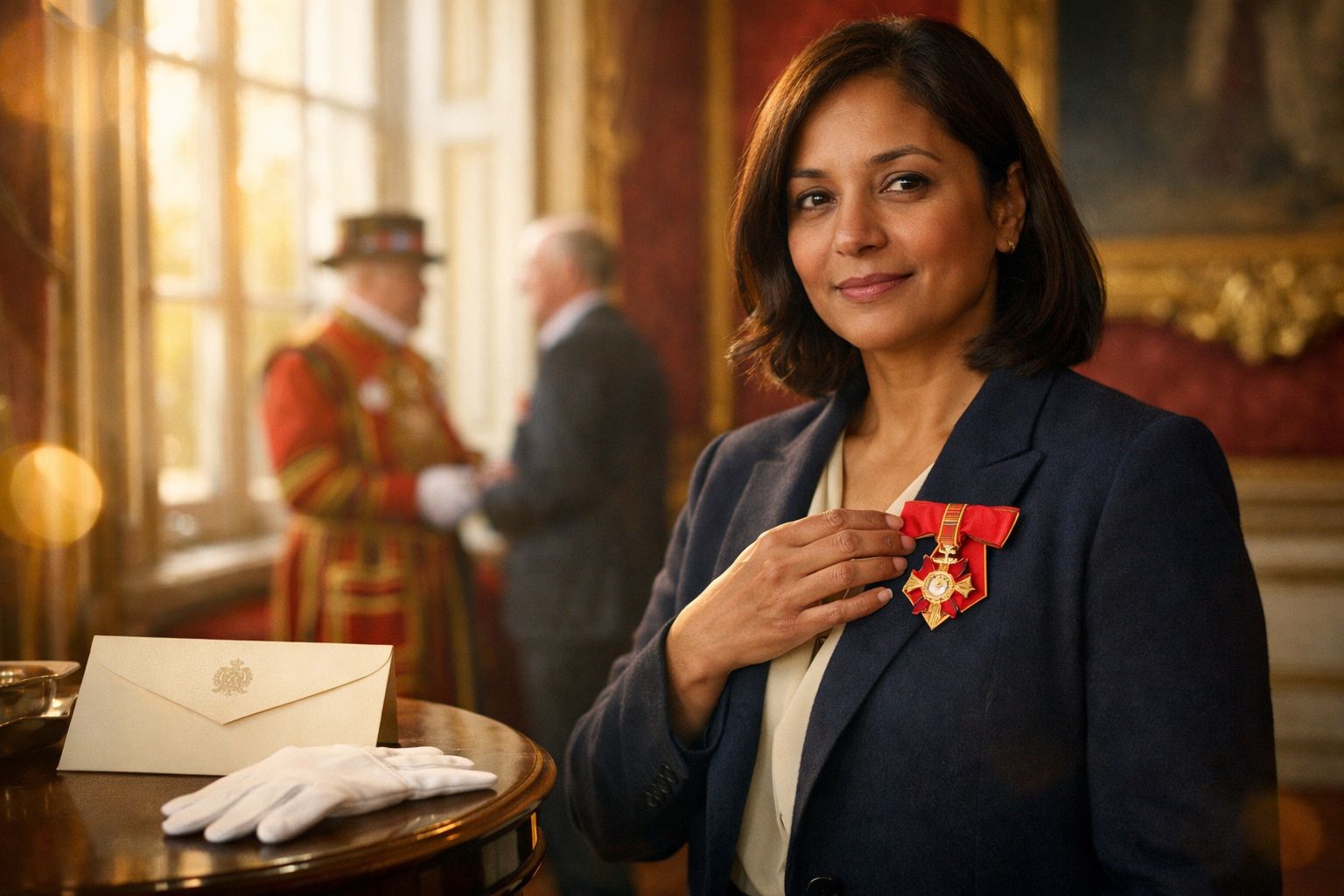 Mulher a receber medalha vermelha num ambiente formal, com duas pessoas ao fundo em conversa.