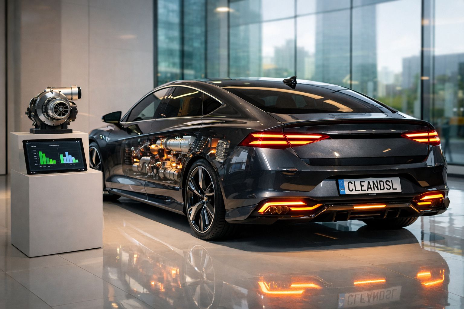 Carro cinzento moderno com motor visível internamente em exposição num showroom com vidro.