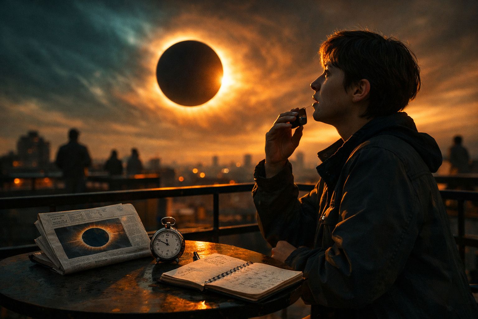 Pessoa de perfil a observar um eclipse solar durante o entardecer, com jornal, relógio e caderno numa mesa ao ar livre.