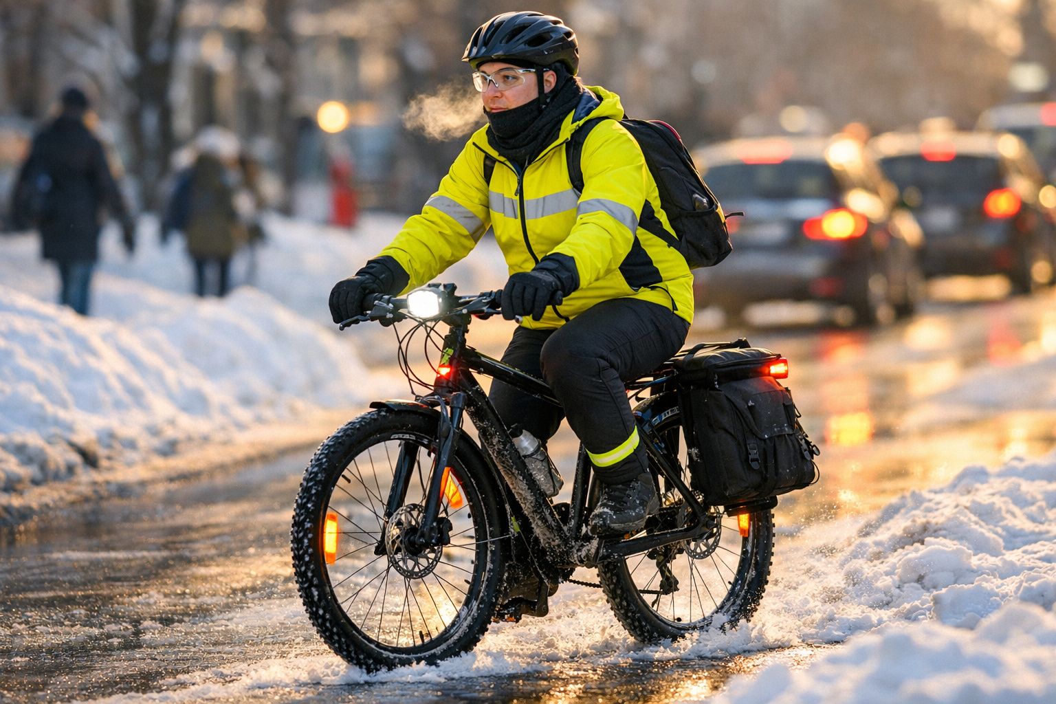 Pessoa de casaco amarelo e capacete a pedalar bicicleta de montanha na neve numa rua urbana molhada.