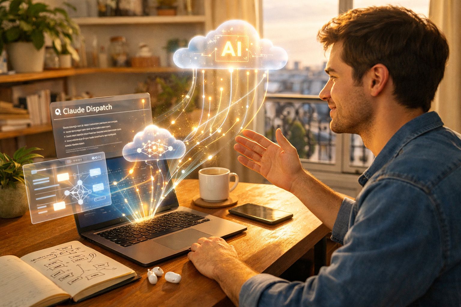 Homem a interagir com laptop e interface digital de inteligência artificial em ambiente luminoso e moderno.