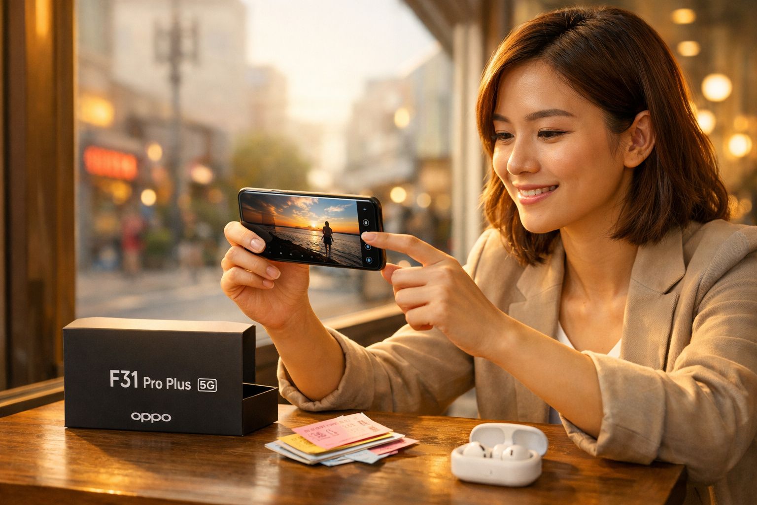 Mulher sorridente a tirar foto com smartphone Oppo F31 Pro Plus 5G num café iluminado.