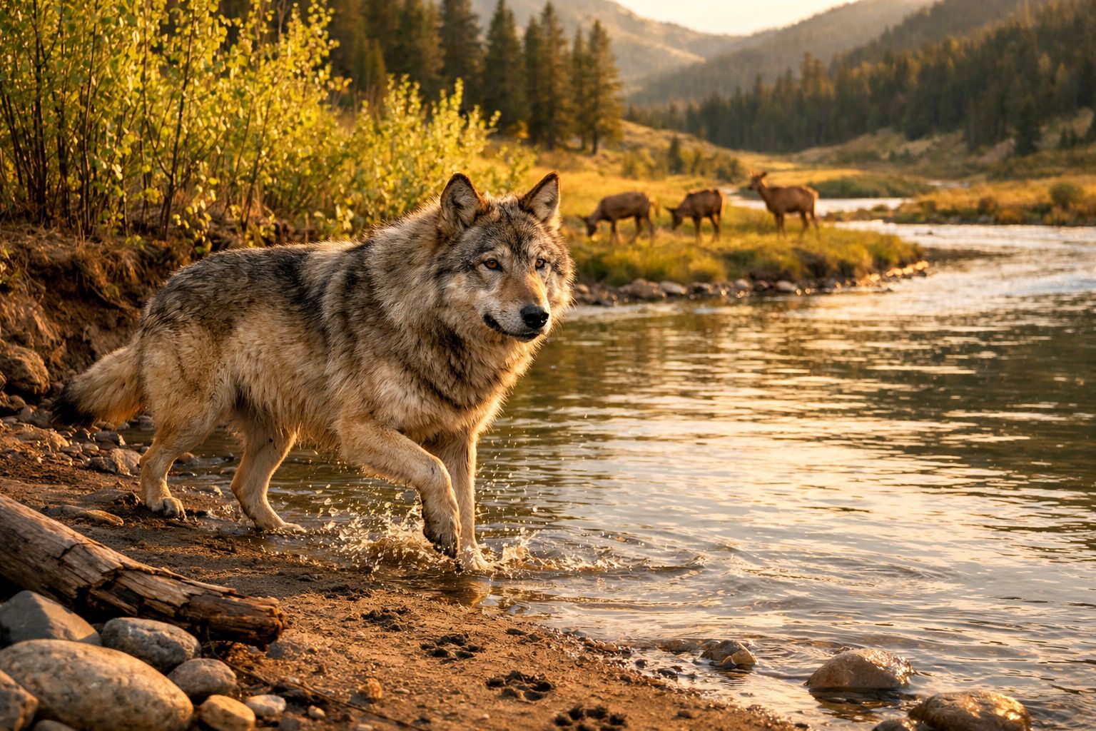 Lobo a caminhar na margem de um rio com cervos ao fundo numa paisagem natural ao pôr do sol.