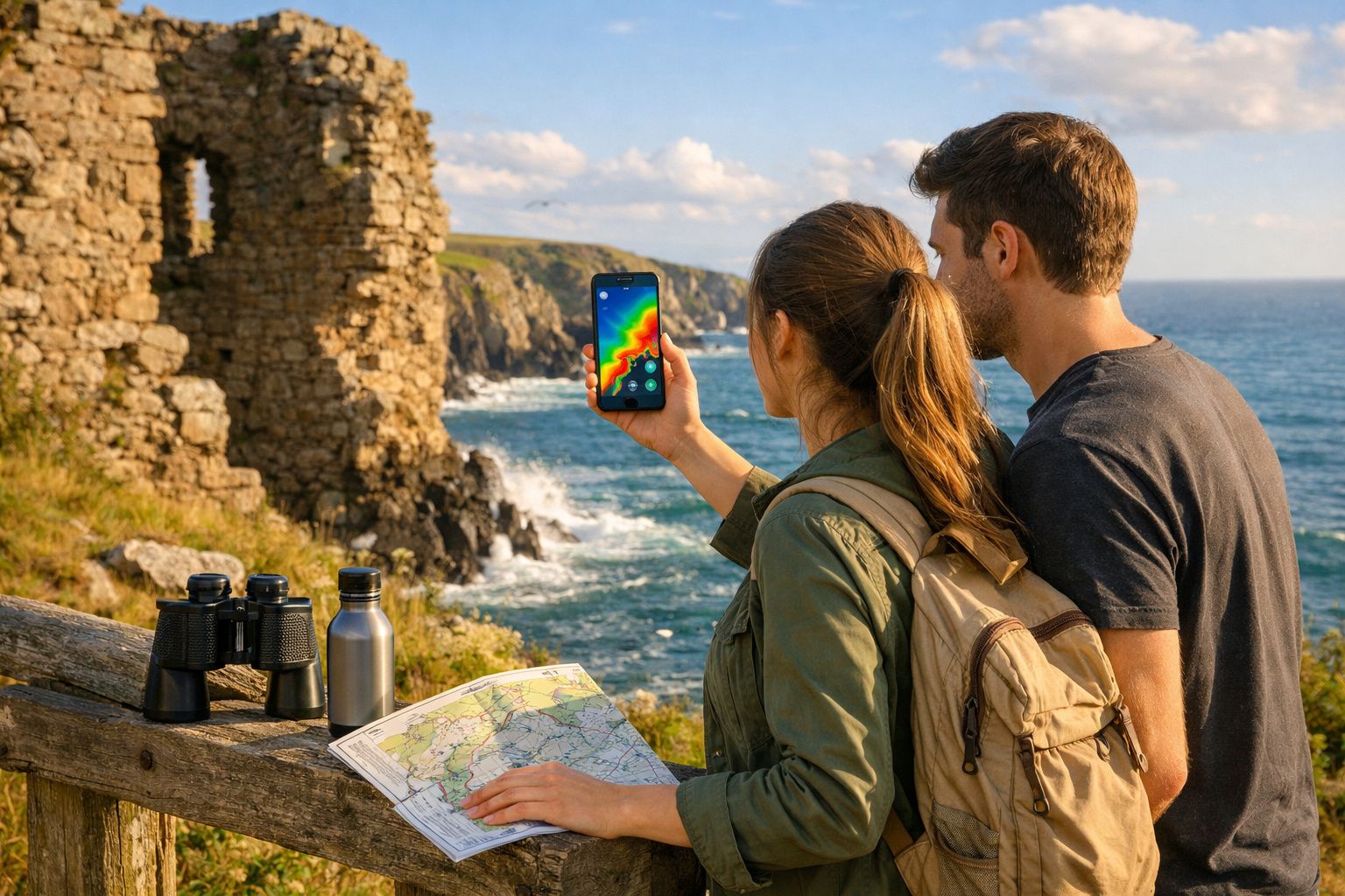 Casal a usar telemóvel e mapa junto ao mar com ruínas e binóculos numa paisagem costeira rochosa.