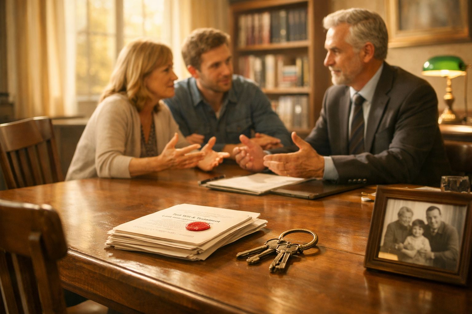 Casal a discutir contrato com advogado num escritório, com documentos e chaves sobre a mesa de madeira.