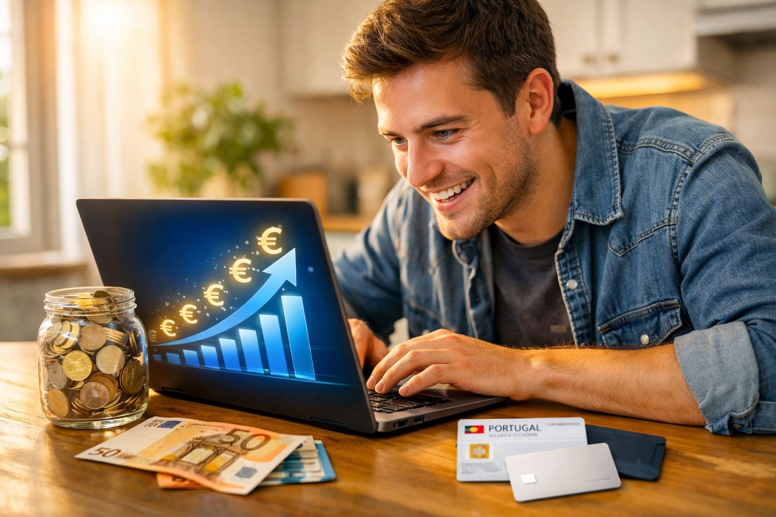 Homem sorridente a usar portátil com gráfico crescente de euros e dinheiro em jarro sobre a mesa.