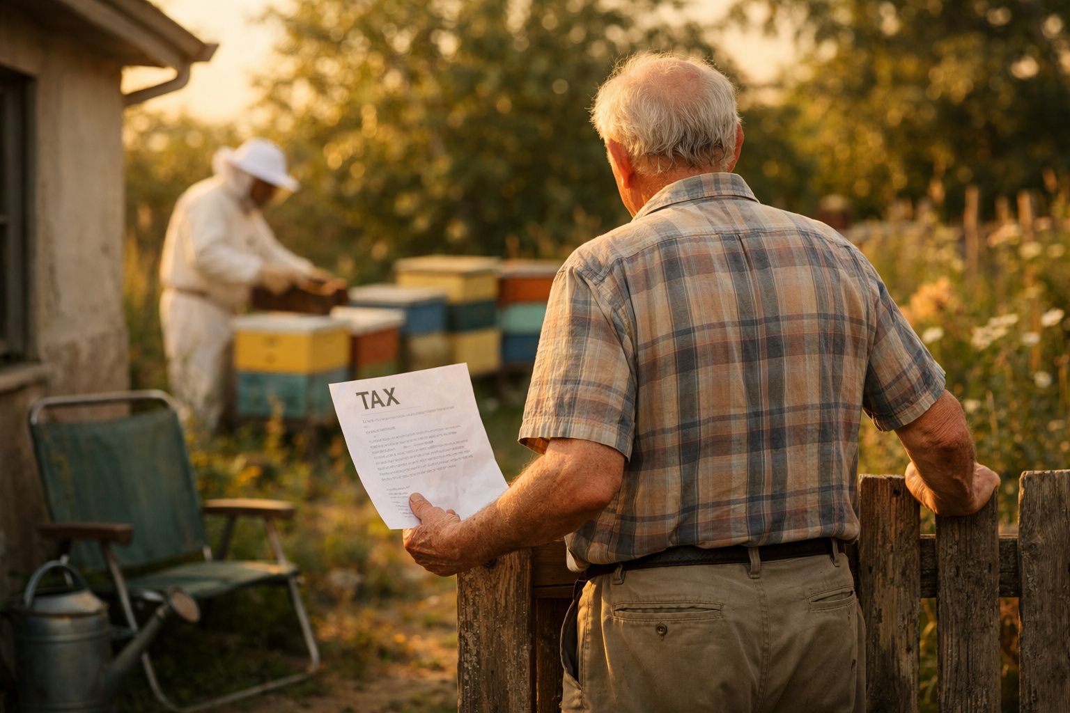 Homem idoso a ler documento de impostos junto a apicultor a trabalhar em colmeias no campo.