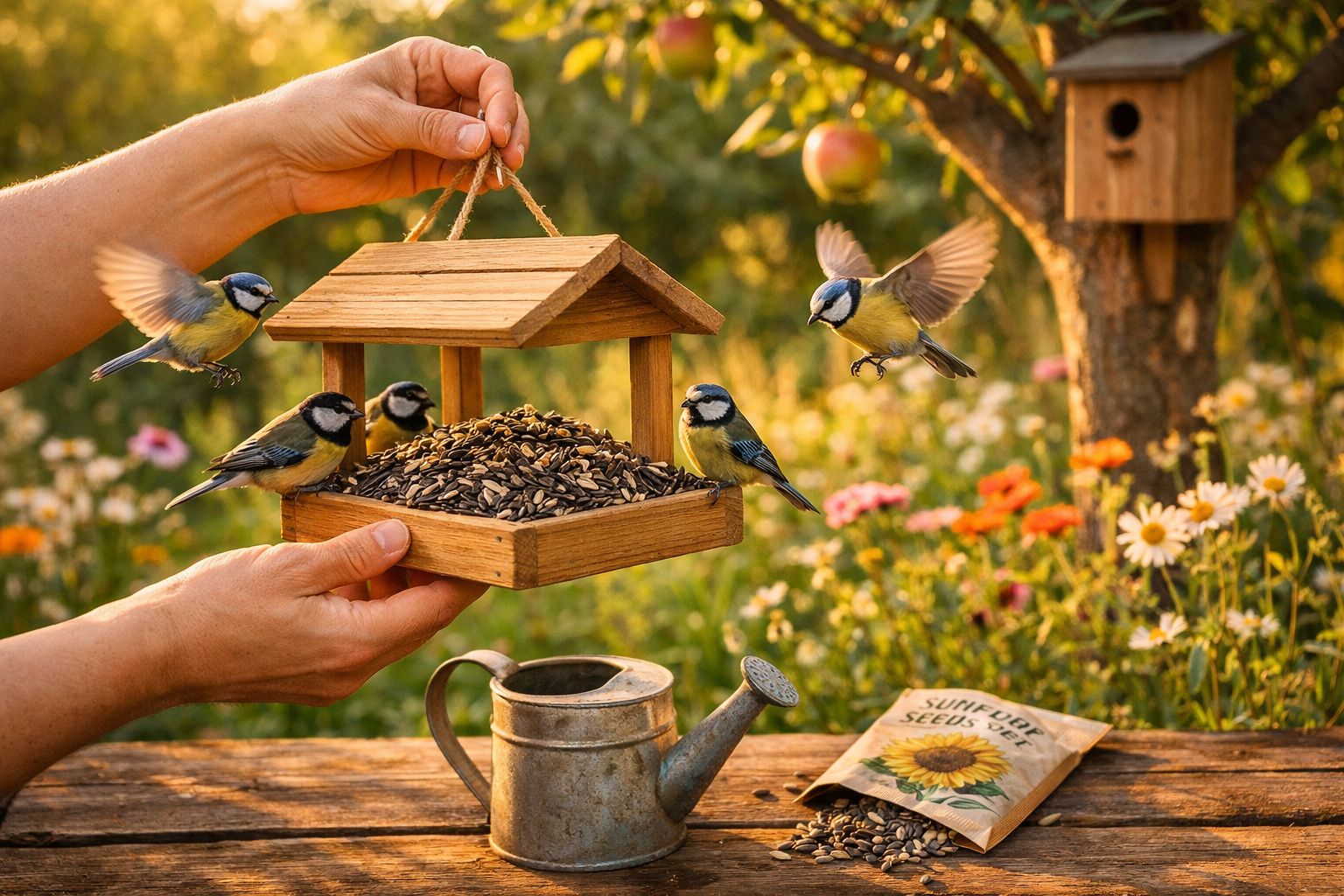 Mãos seguram comedouro de aves com sementes, três pássaros pousados e dois em voo num jardim florido.