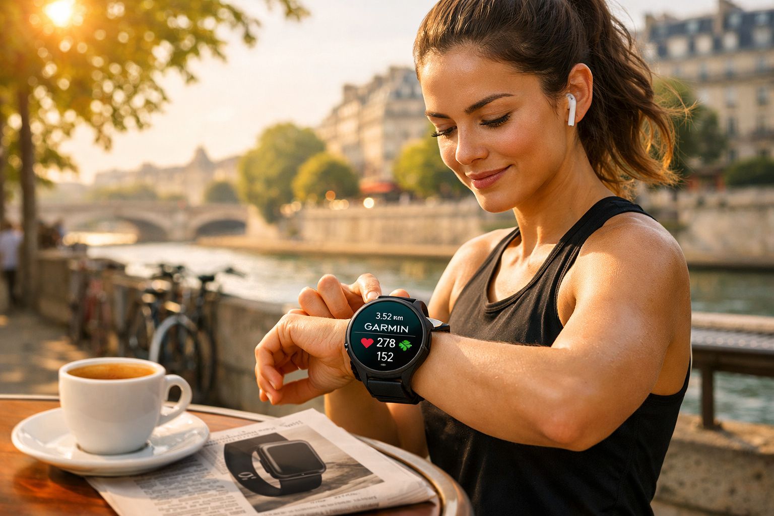 Mulher em roupa de treino a olhar para relógio Garmin junto a um café e rio ao amanhecer.
