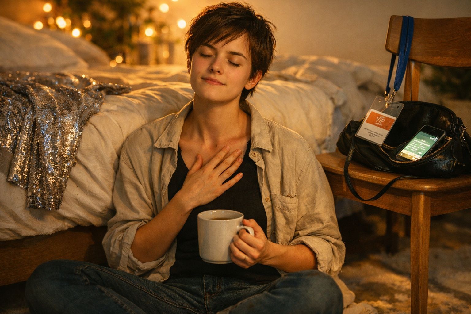 Mulher sentada no chão com olhos fechados, a segurar uma caneca, aparentando tranquilidade e conforto.