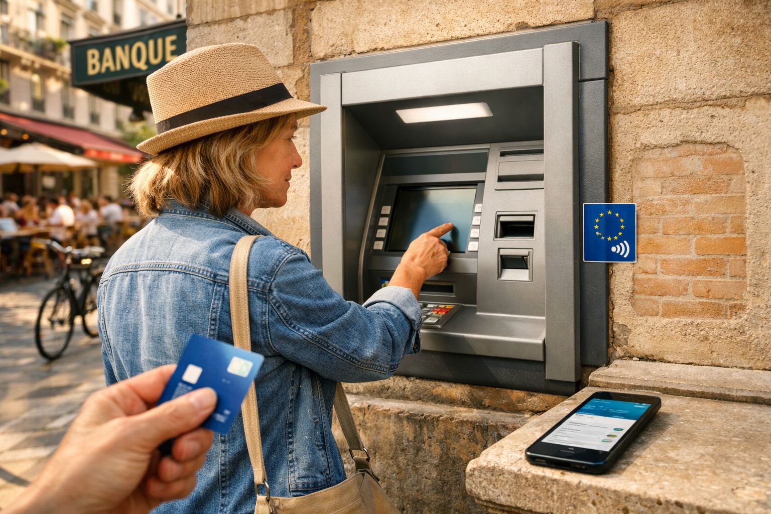 Mulher com chapéu usa caixa automático enquanto outra pessoa segura cartão azul próximo.