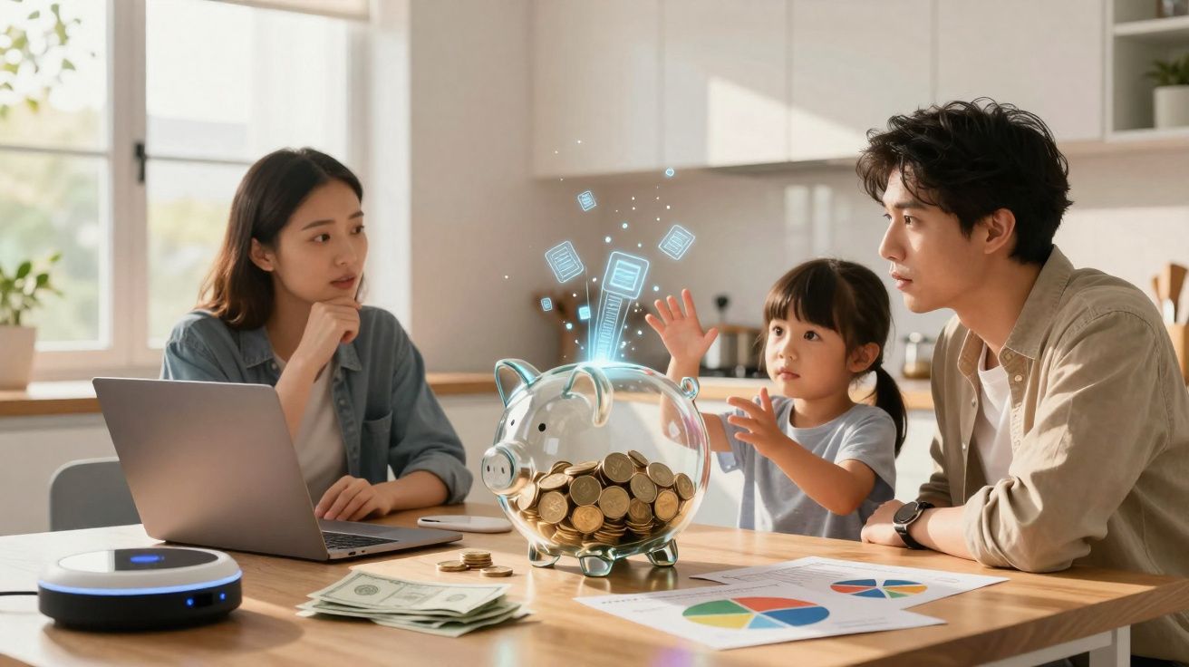 Família asiática a discutir finanças com cofrinho transparente cheio de moedas na mesa da cozinha.