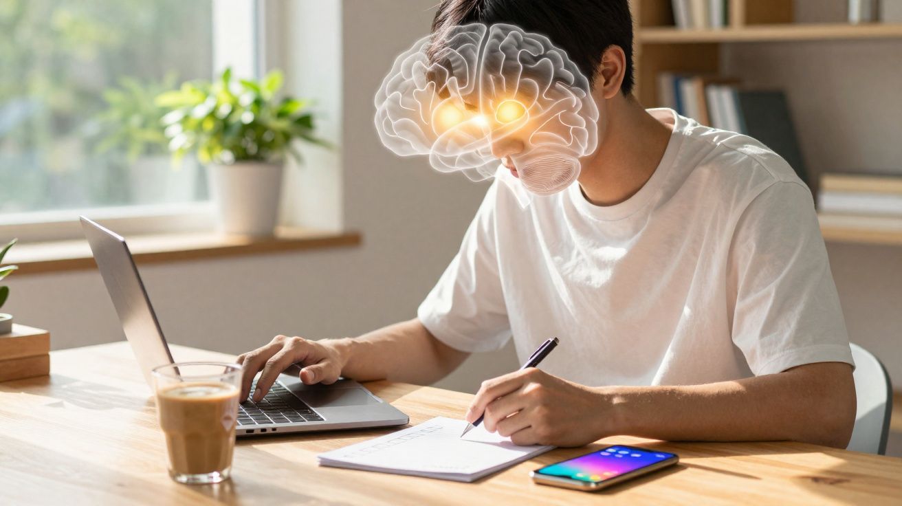 Pessoa a escrever numa folha à frente de computador portátil, com gráfico de cérebro luminoso sobreposto.