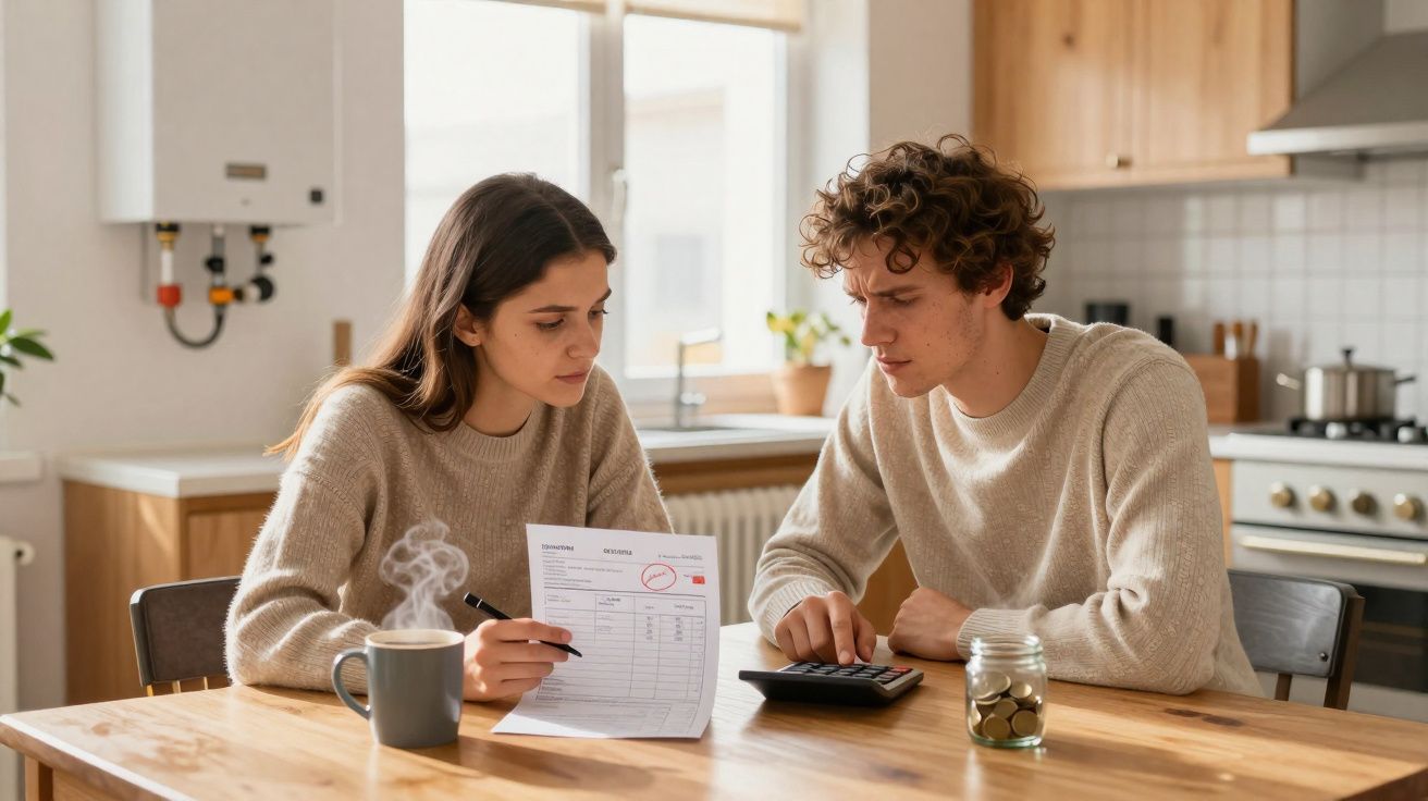 Casal sentado à mesa da cozinha a analisar uma fatura com calculadora e recipiente de moedas.