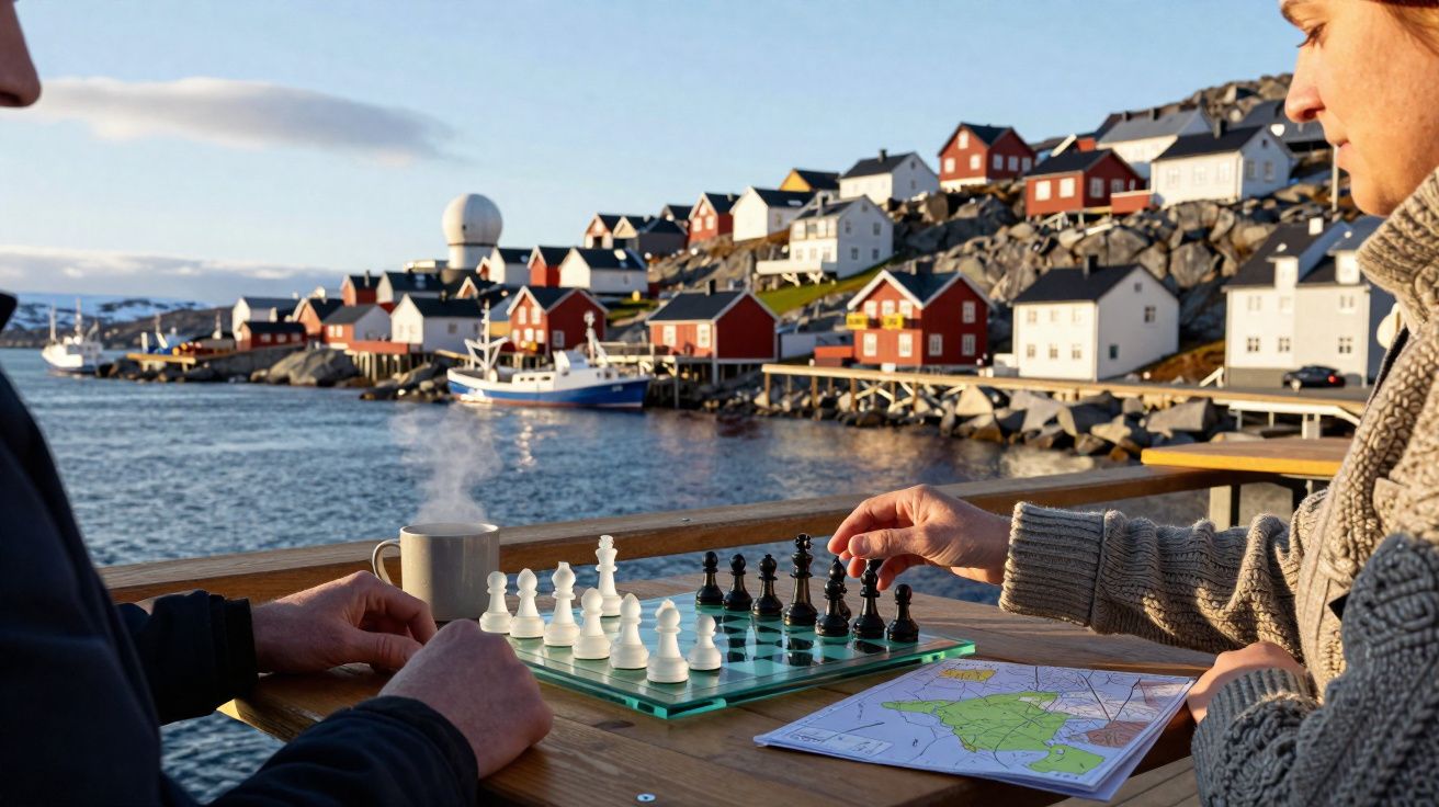 Duas pessoas jogam xadrez numa mesa exterior com vista para casas coloridas junto ao mar.