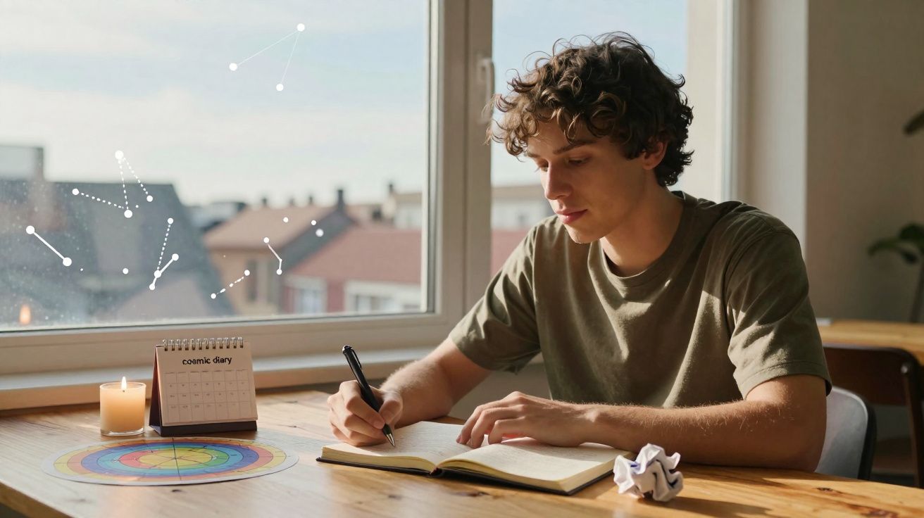 Jovem sentado à mesa a escrever num caderno com vela e calendário junto à janela iluminada pela luz do dia.