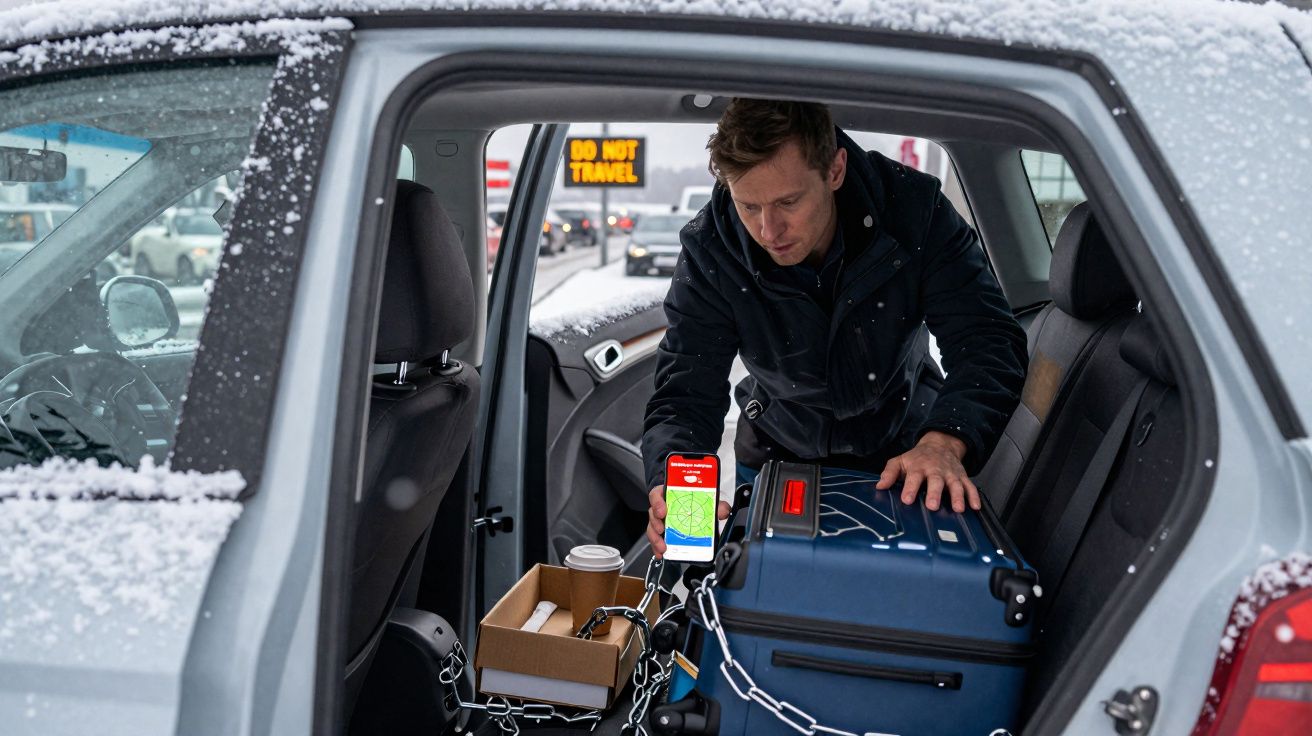 Homem dentro de carro com mala e telemóvel enquanto o carro está preso por correntes na neve.