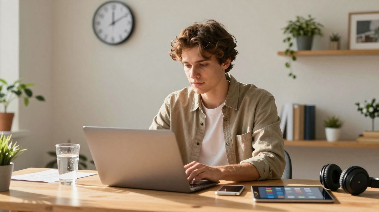 Homem jovem a trabalhar num portátil numa mesa com tablet, telemóvel, copo de água e auscultadores.