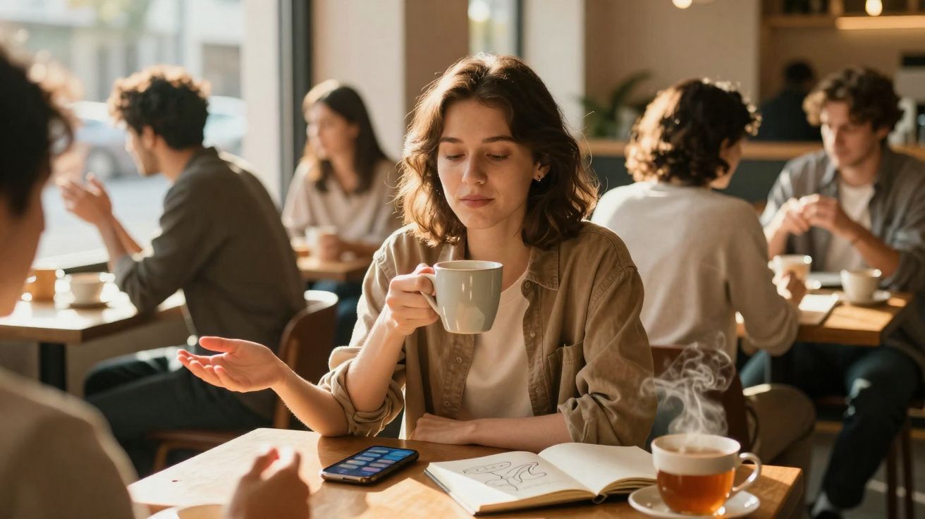 Mulher sentada numa cafetaria a beber chá, com caderno e telemóvel à frente, rodeada de outras pessoas.