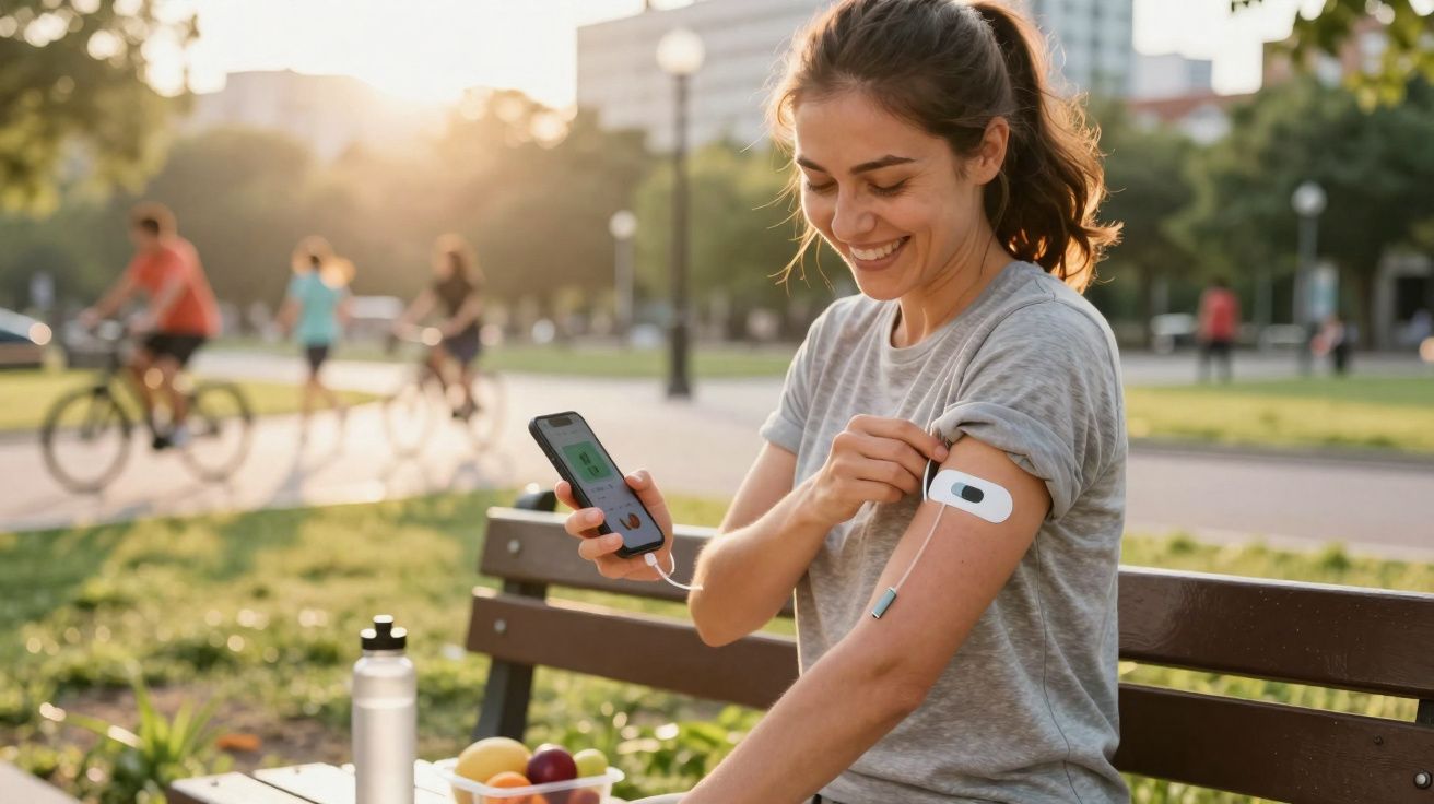 Mulher sentada num banco de parque a usar bomba de insulina ligada a telemóvel, sorrindo ao sol.