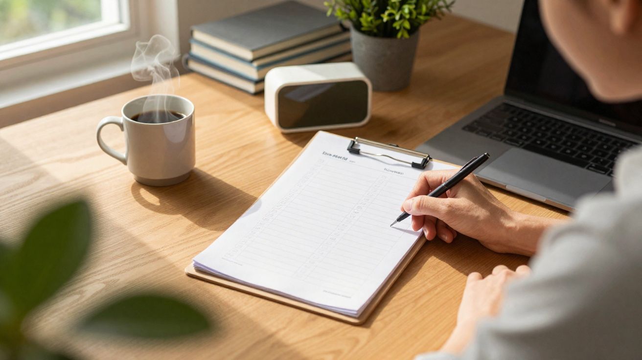 Pessoa a escrever num bloco de notas num ambiente de trabalho com computador, relógio e café.