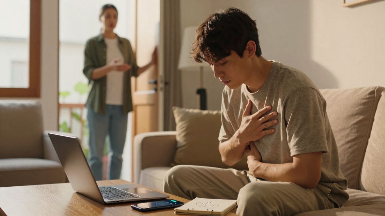 Homem sentado no sofá com dor no peito enquanto mulher observa na porta da sala.