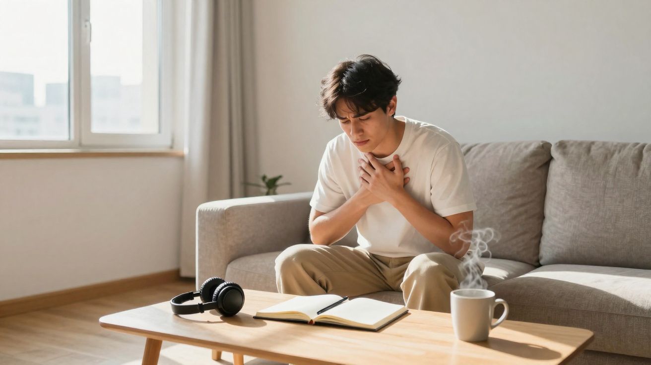 Homem sentado no sofá, com as mãos no peito, aparentando dor, numa sala clara e minimalista.