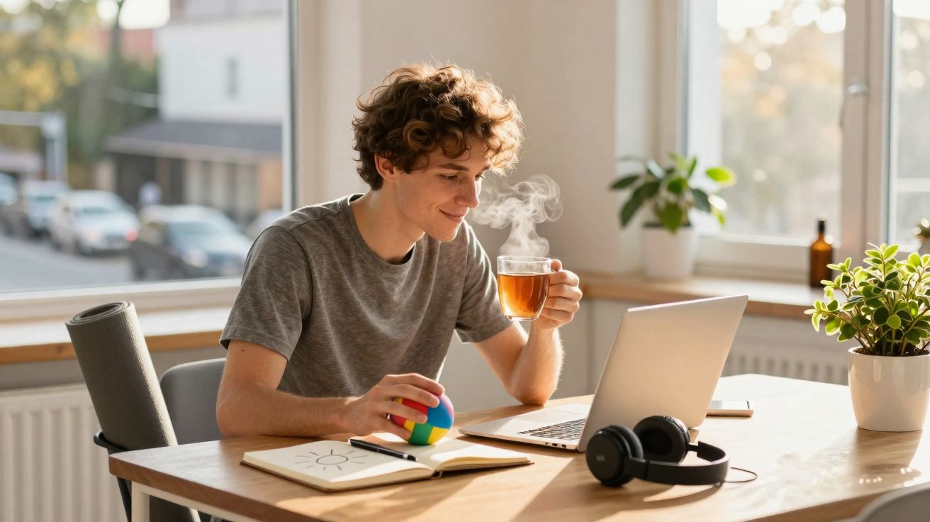 Jovem sentado à mesa, a beber chá quente e a olhar para um computador portátil com expressão tranquila.