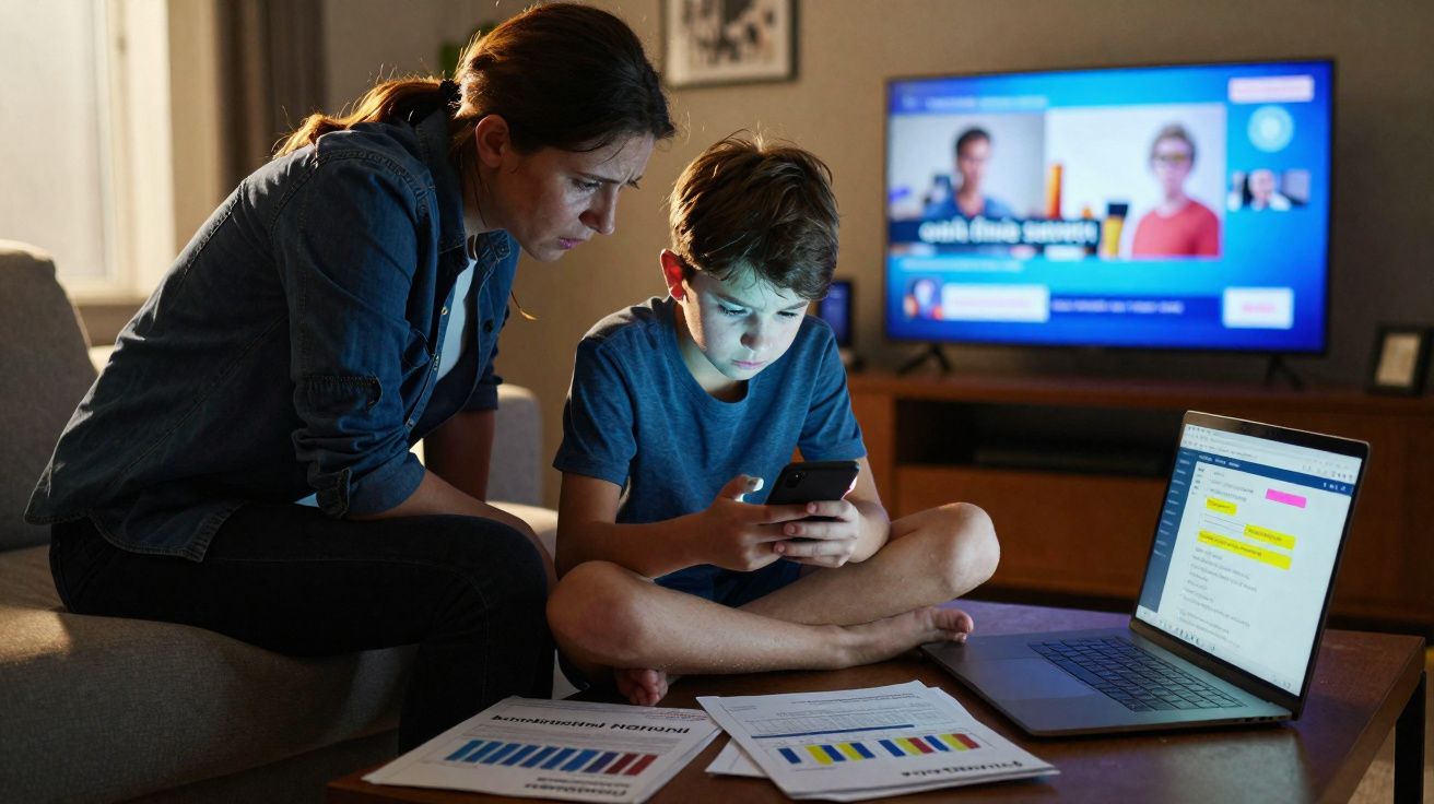 Mulher e menino a estudar em casa com laptop, telemóvel e gráficos numa sala iluminada à noite.