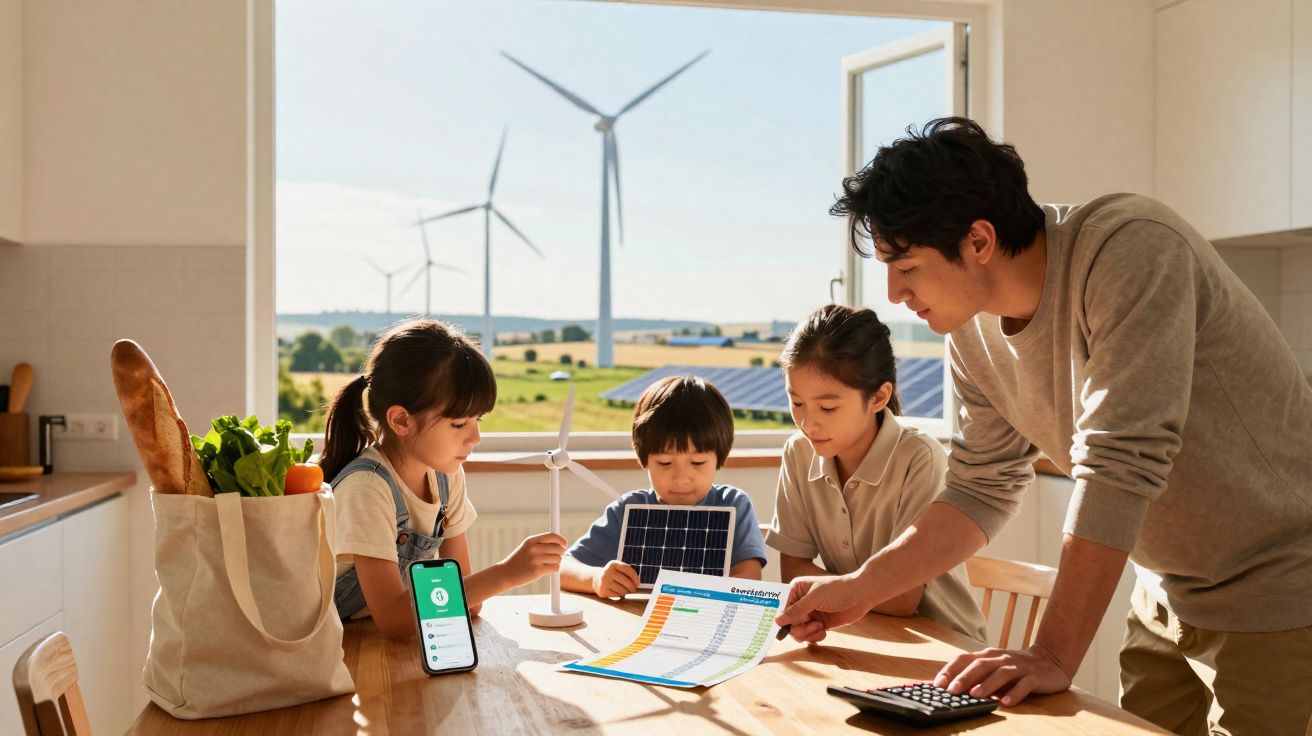 Família numa cozinha a aprender sobre energias renováveis com mini aerogeradores, painel solar e gráfico.