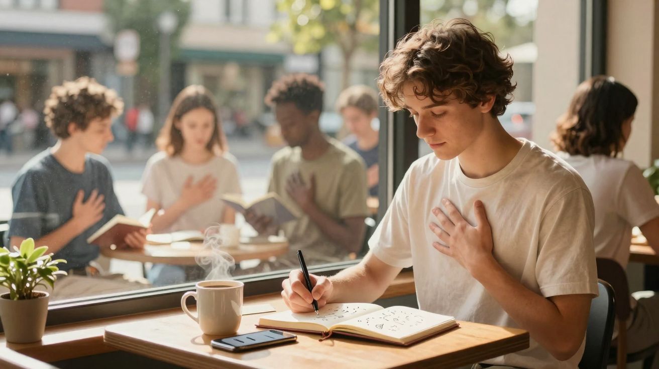 Jovem sentado numa mesa de café a escrever num caderno, com a mão no peito e outras pessoas orando ao fundo.