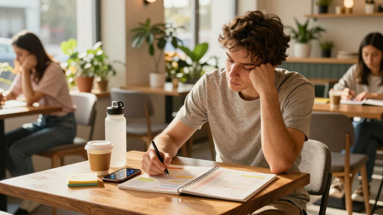 Jovem a estudar num café com material escolar, bebida e telemóvel na secretária.