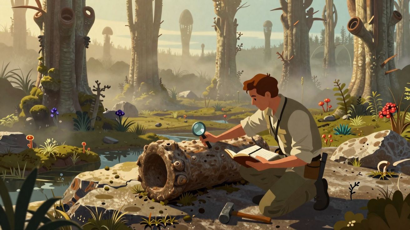 Homem a analisar um tronco antigo com lupa numa floresta estranha iluminada pela manhã.