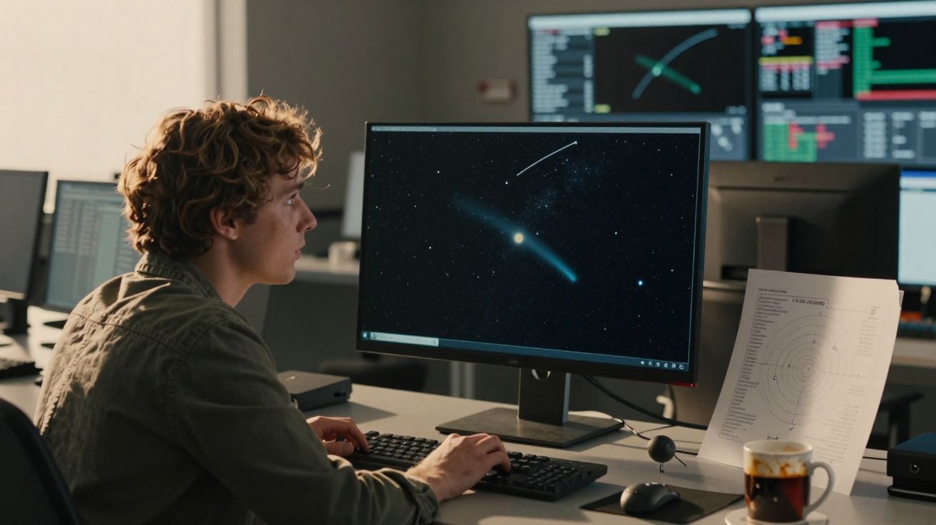 Jovem observa imagens do espaço numa secretária com vários ecrãs e gráficos num ambiente tecnológico.