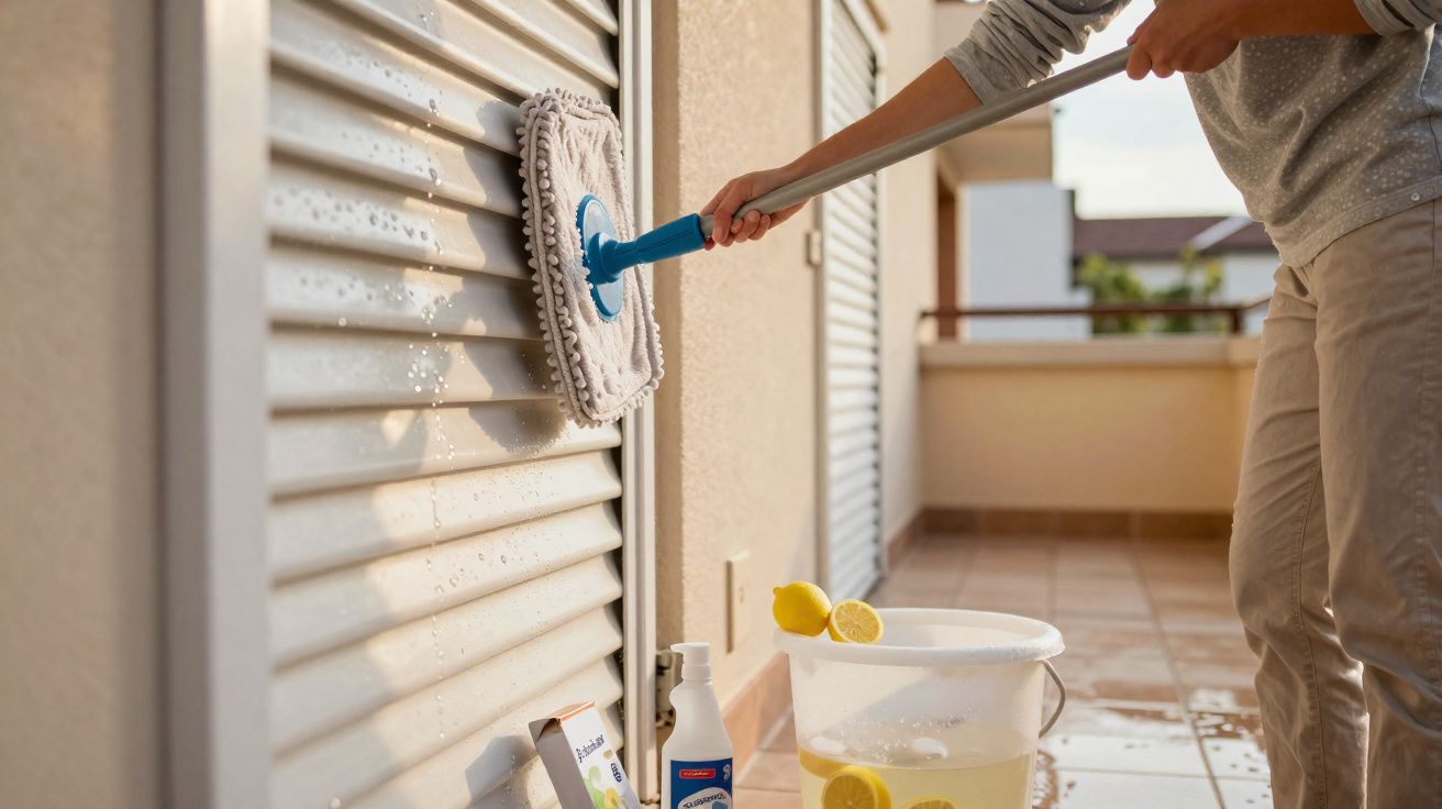 Pessoa a limpar persianas exteriores com esfregona, balde com água e limões numa varanda.